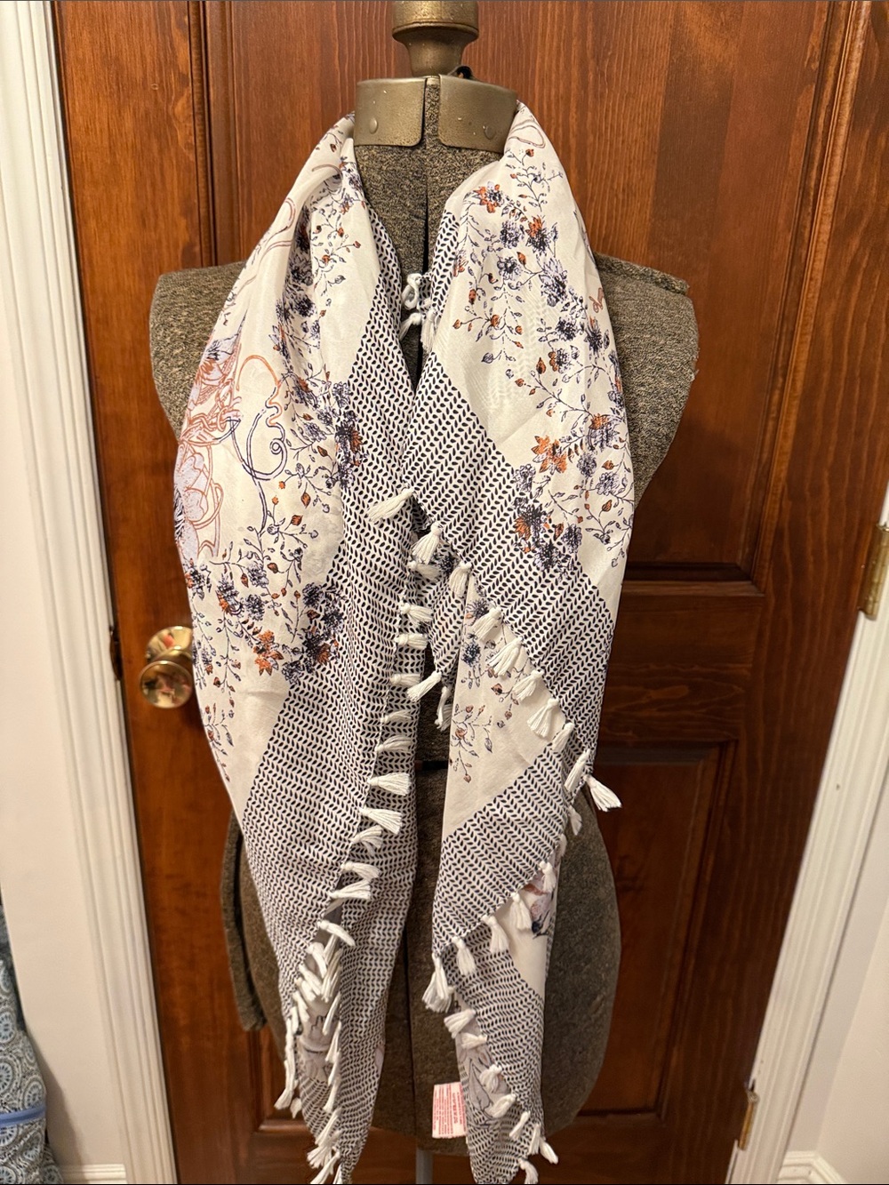 Discovery Floral & Stripe Tassel Scarf - Cream, Navy & Rust